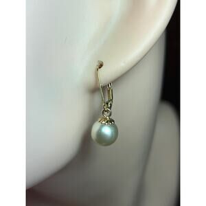 Vintage 14k solid yellow gold white pearl drop dangle earrings fine jewelry